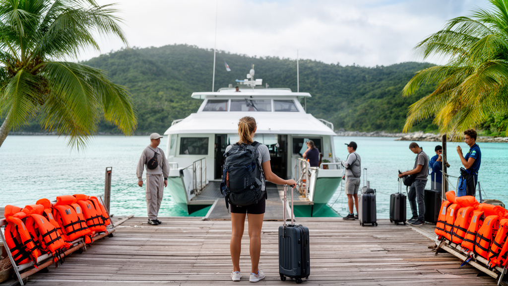 Femme voyageant seule aux Philippines attendant un ferry de jour dans un embarcadère tropical sécurisé