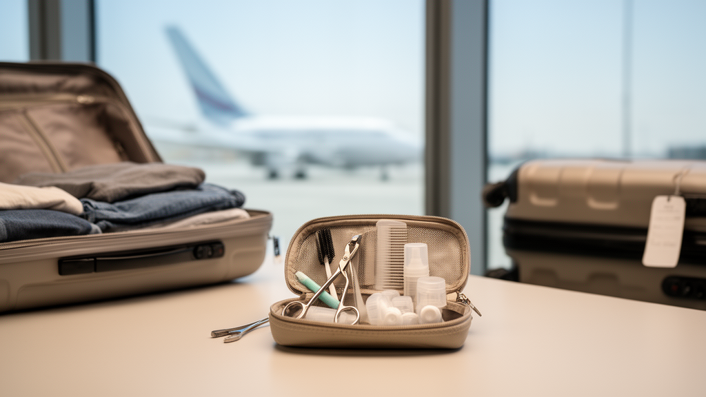 Trousse de toilette avec pince à épiler standard entre un bagage cabine et une valise en soute.
