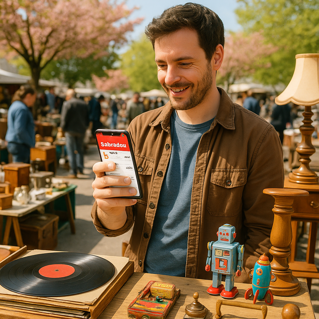 Un utilisateur de Sabradou cherchant des trésors sur son téléphone pendant une brocante.