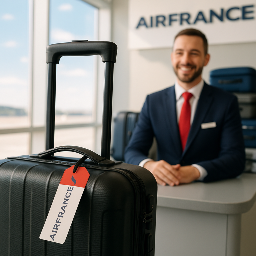 Gros plan sur une valise avec une étiquette d'Air France au comptoir d'enregistrement