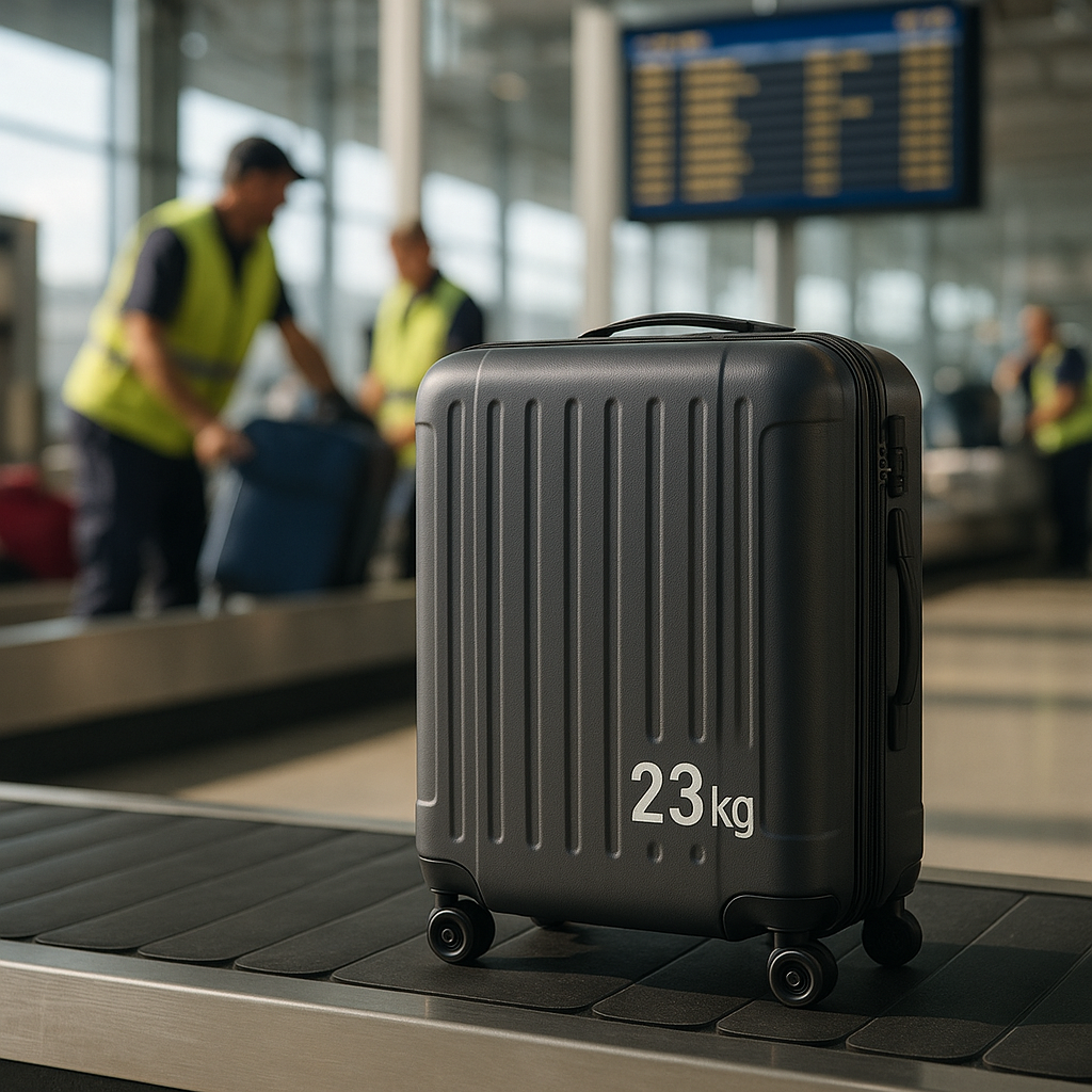 Valise moyenne en polycarbonate de 23 kg sur un tapis roulant à l'aéroport, prête pour le voyage.