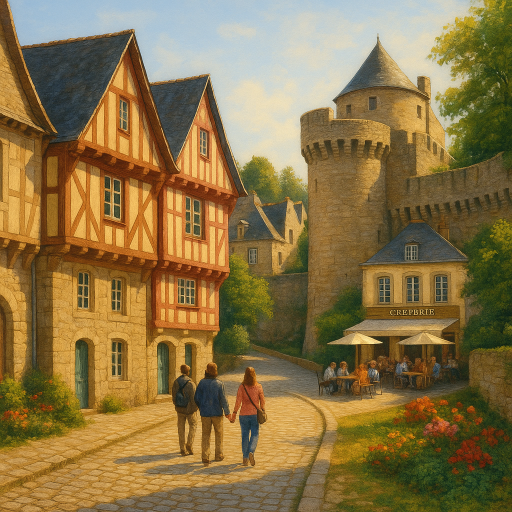 Scène de la ville de Vannes avec ses maisons à pans de bois et des visiteurs se promenant dans une ruelle.