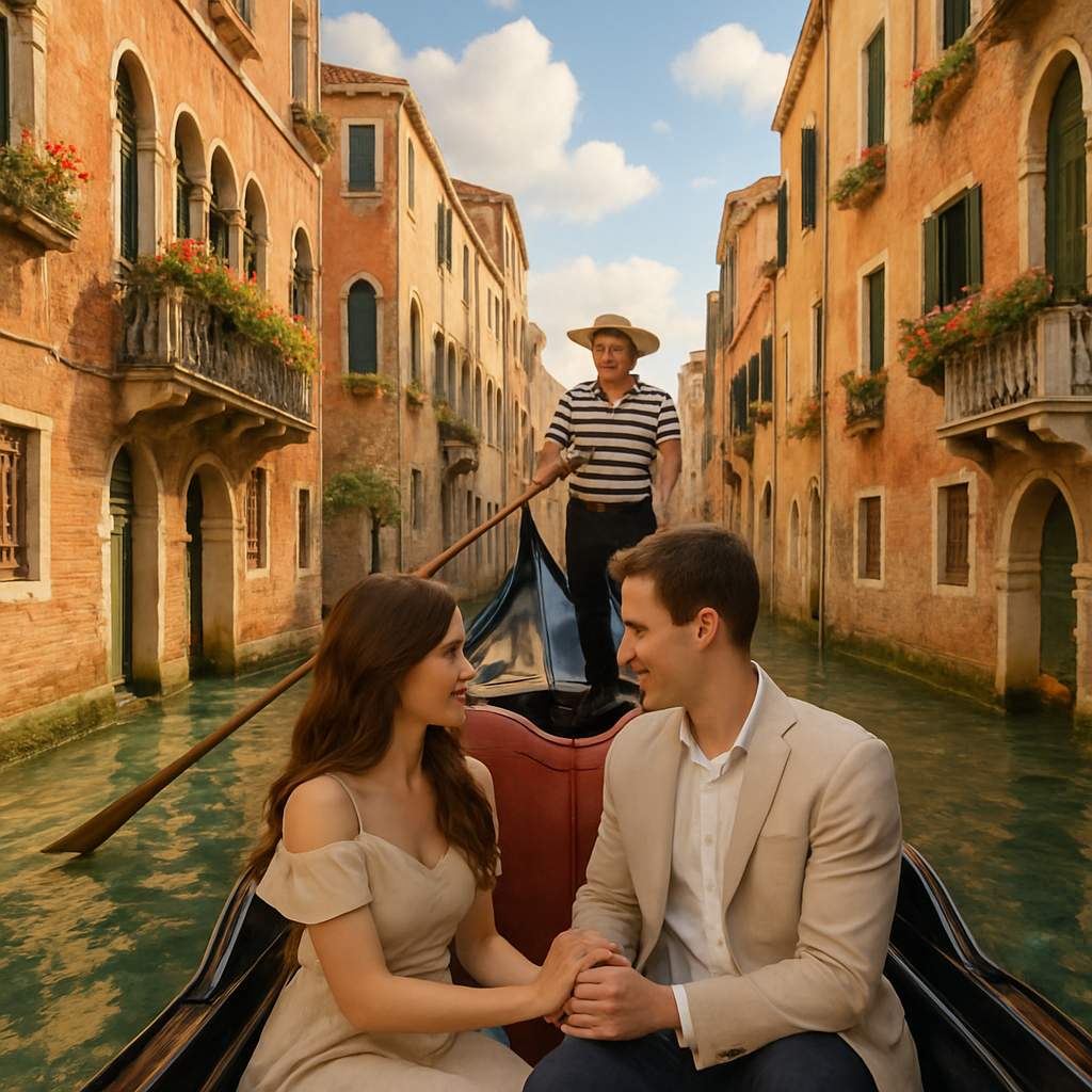 Couple en gondole sur un canal à Venise, entouré de bâtiments historiques.