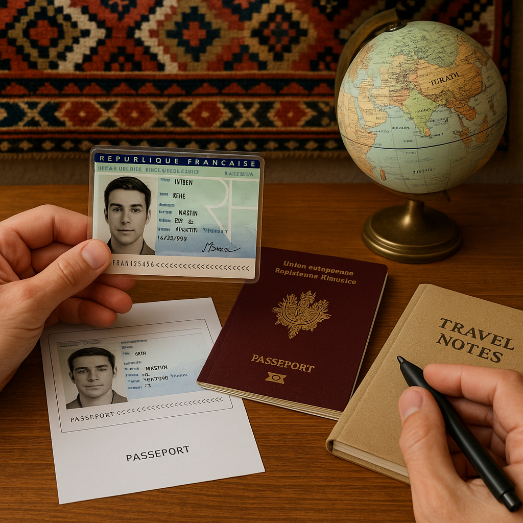 Vérification des documents de voyage pour la Turquie avec une carte d'identité, un passeport et un globe.