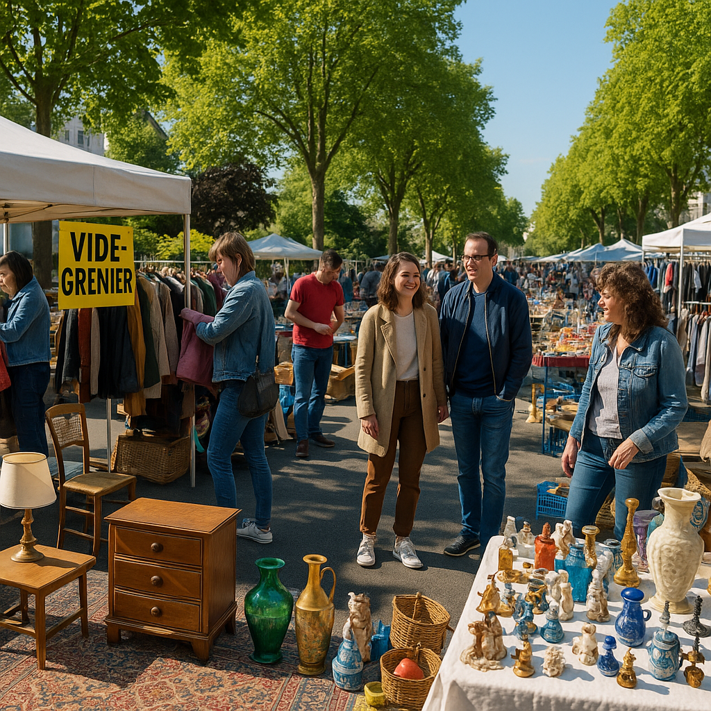 Vue d'un vide-grenier à Tours avec des visiteurs explorant des objets de seconde main.