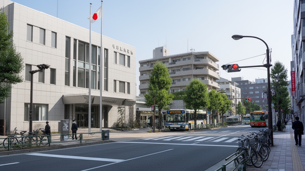 Scène urbaine japonaise illustrant l’impact du gouvernement au Japon sur l’administration locale, les transports et la vie quotidienne.