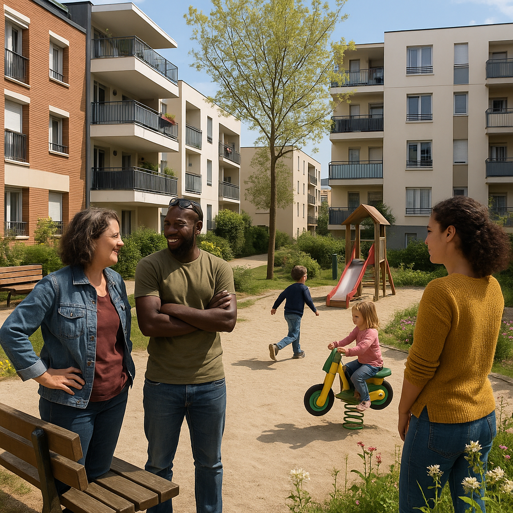Scène de quartier à Tours avec des habitants interagissant dans un parc, entourés de logements sociaux.
