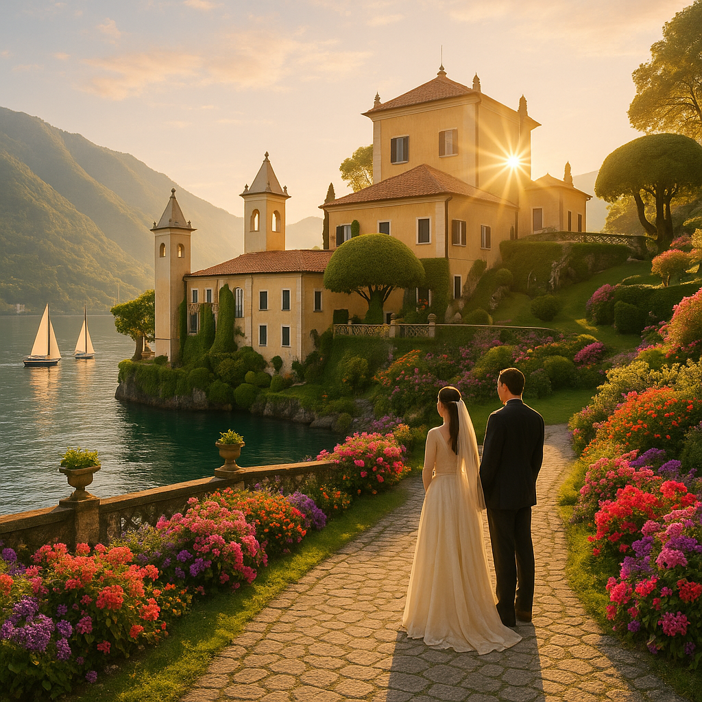 Villa Balbianello entourée de jardins au bord du lac de Côme, avec un couple à distance admirant le paysage.