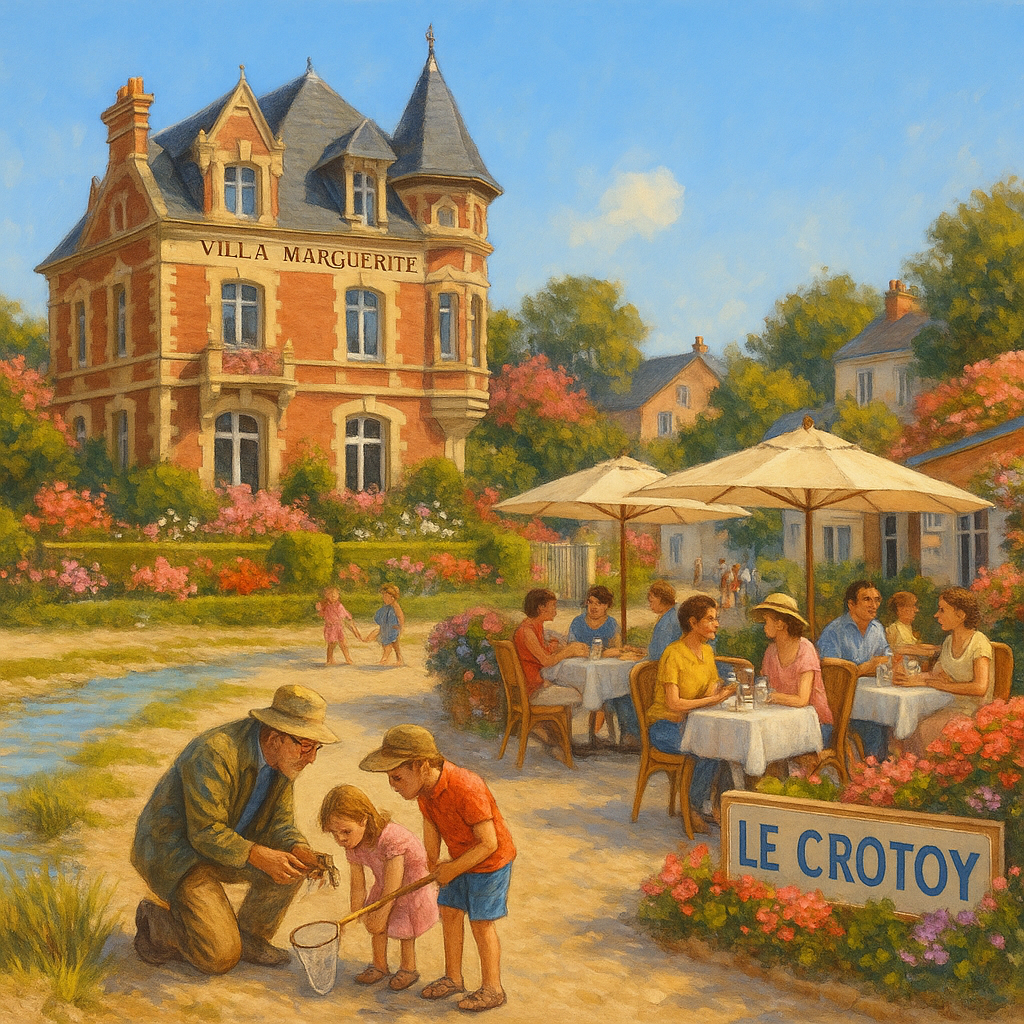 Villa Marguerite au Crotoy entourée de jardins, avec des familles et des enfants interagissant avec des naturalistes.