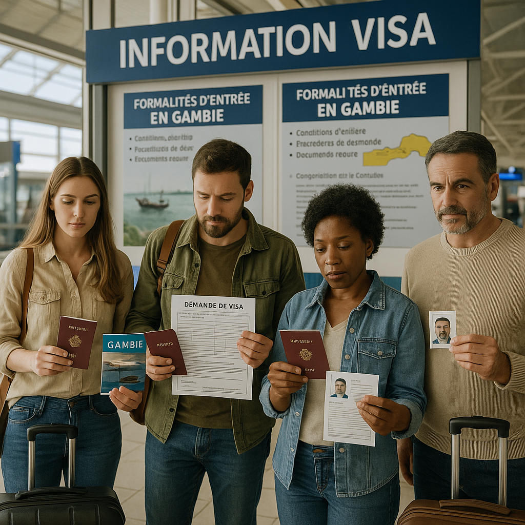 Voyageurs à l'aéroport préparant leur visa pour la Gambie avec des documents et des valises.