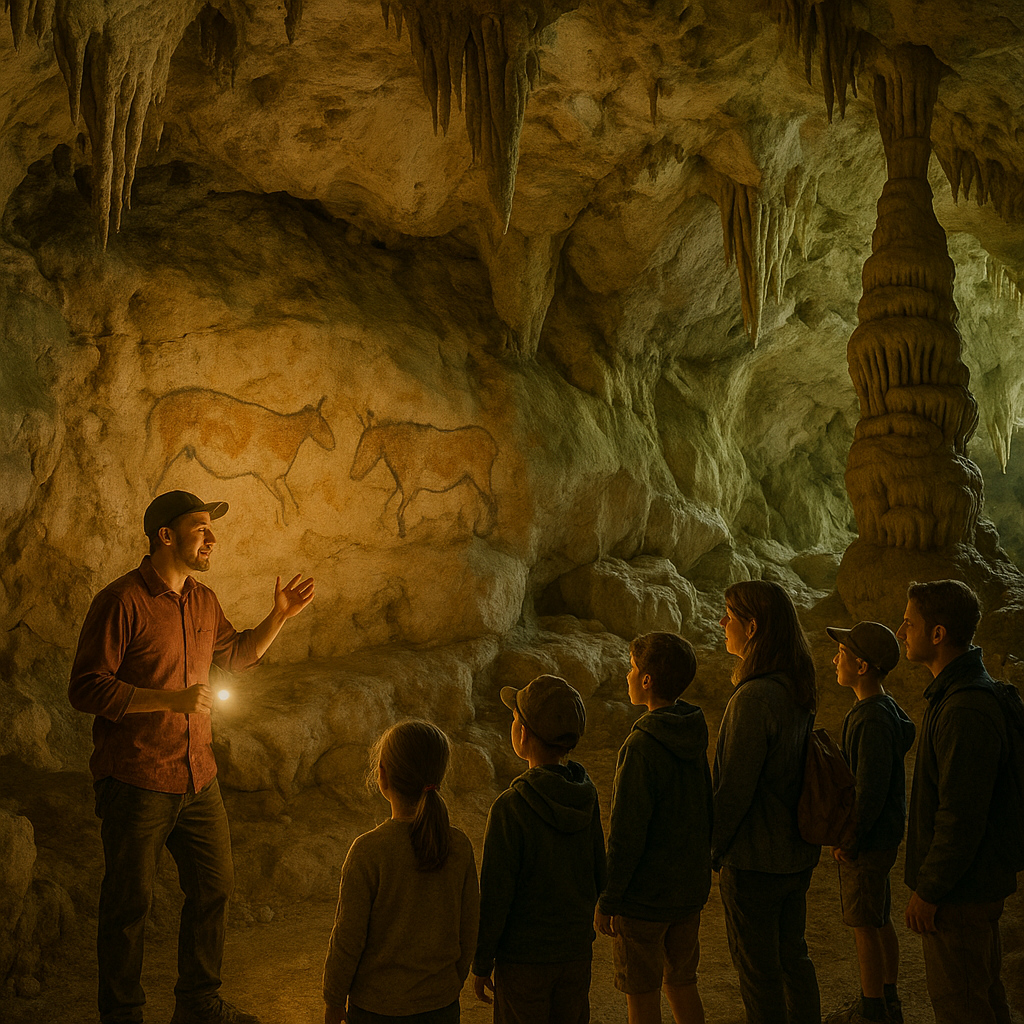 Scène de visite guidée à l'intérieur de la Grotte de Bédeilhac avec un guide et des visiteurs admirant les formations géologiques et les dessins rupestres.