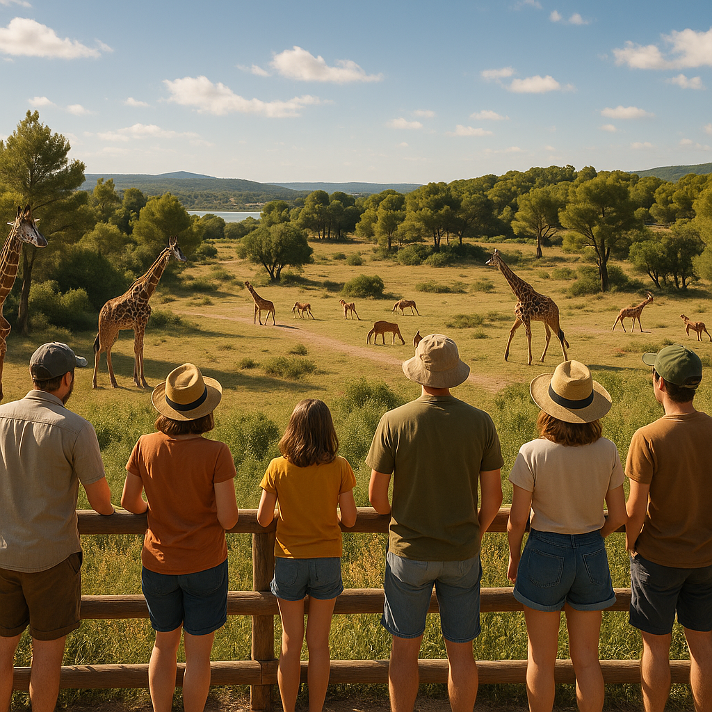 Groupe de visiteurs observant des animaux dans la Réserve Africaine de Sigean.