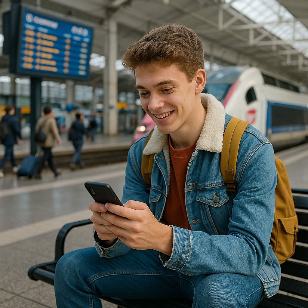 Jeune adulte consultant son smartphone dans une gare avec un train SNCF en arrière-plan.