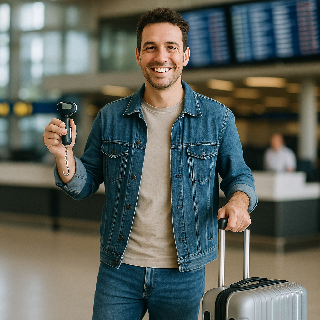 Voyageur à l'aéroport tenant une balance de bagages et une valise légère, prêt pour son voyage.