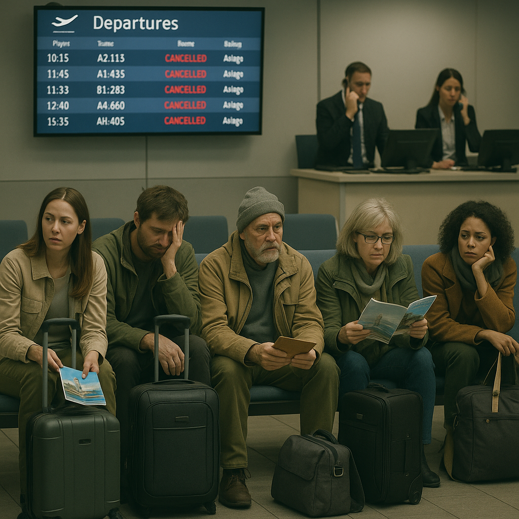 Groupe de voyageurs inquiets dans une salle d'attente d'aéroport vide, attendant des nouvelles de leurs vols annulés à cause de la guerre.