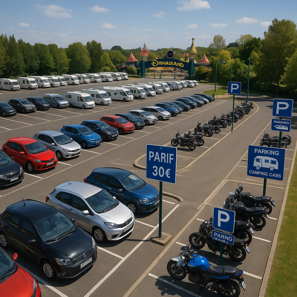 Vue aérienne d'un parking près de Disneyland Paris avec des voitures garées et des panneaux d'information sur les tarifs.