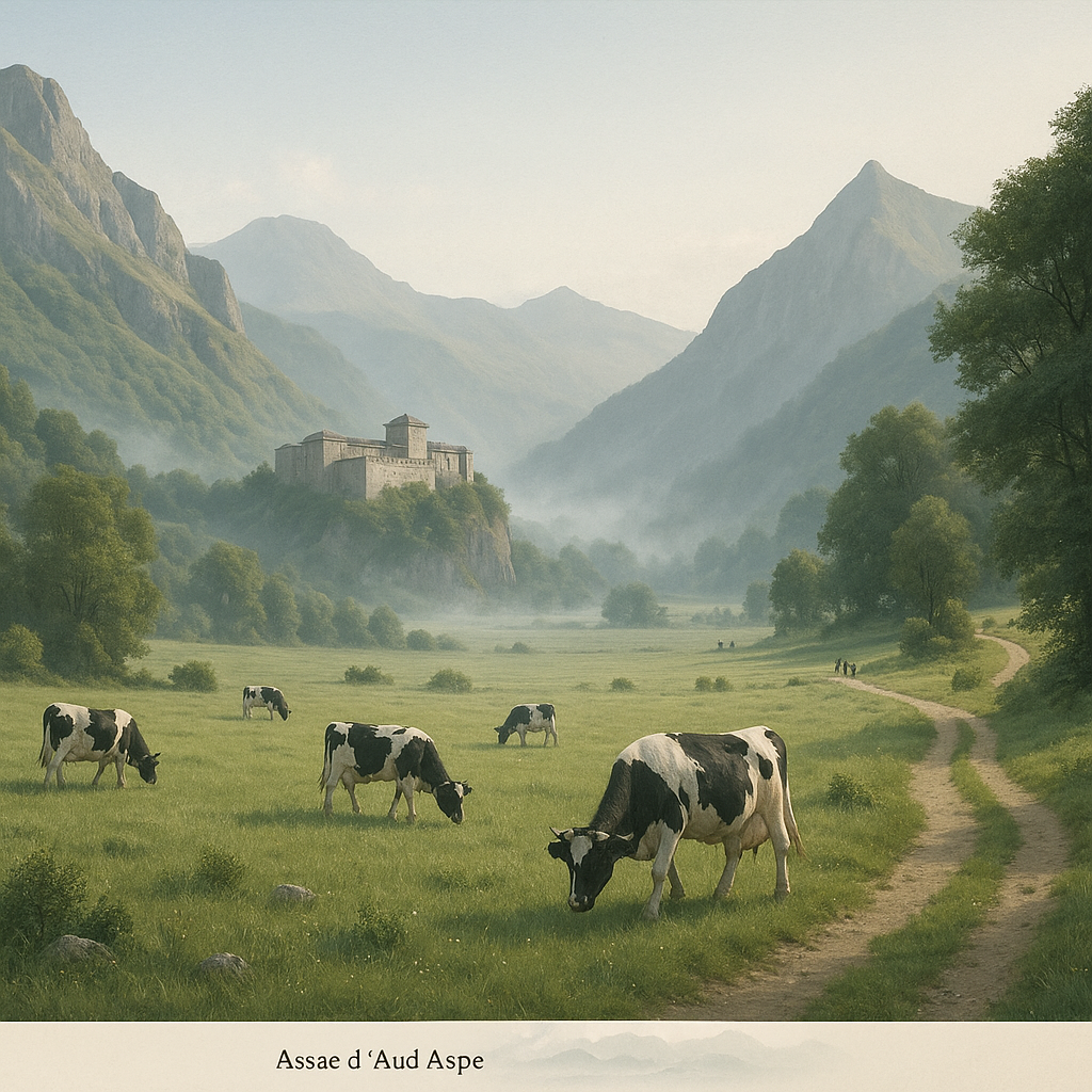 Vue panoramique de la Vallée d'Aspe avec un fort historique, des vaches au pâturage et des montagnes