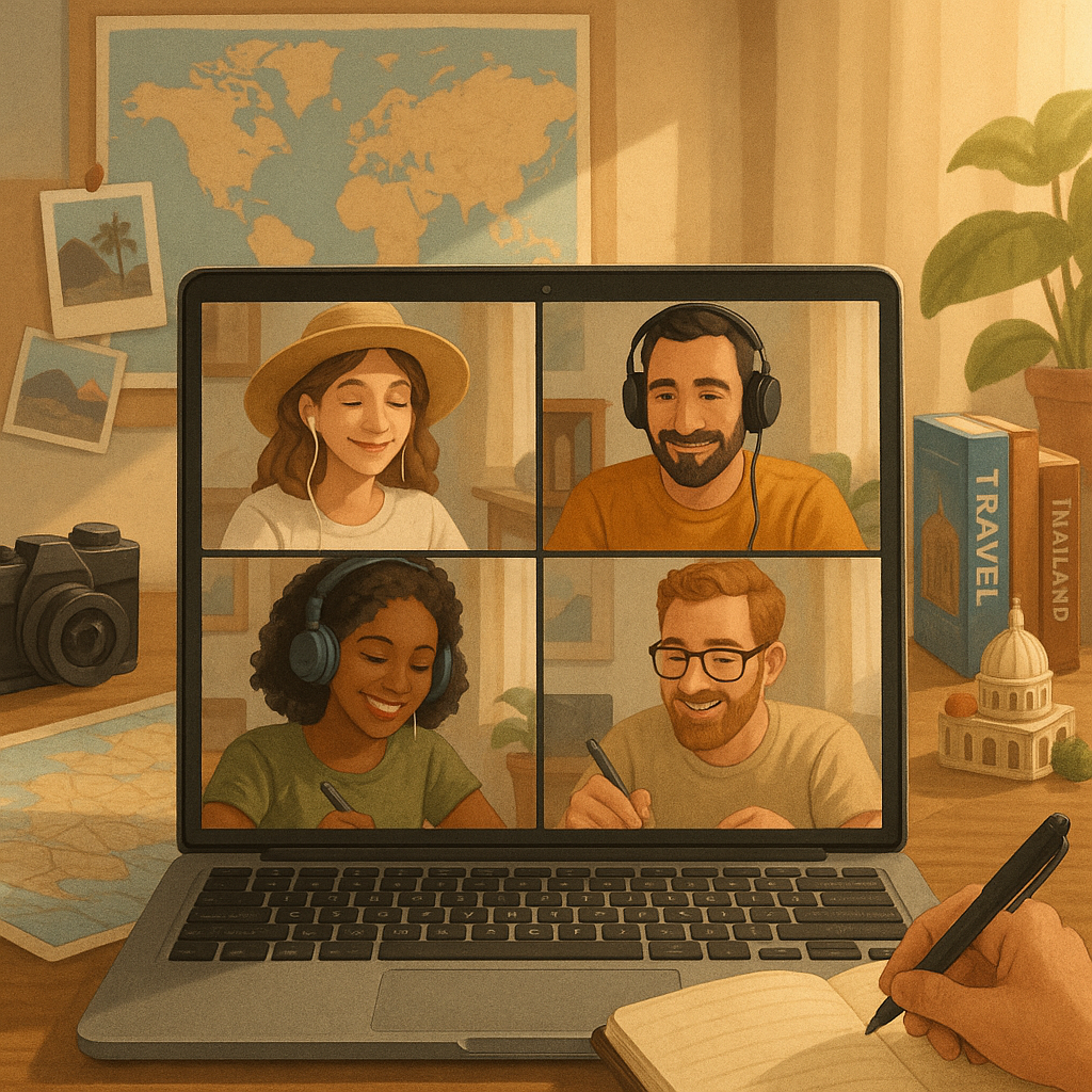 Blogueurs de voyage connectés lors d'un webinaire virtuel, échangeant des idées et des expériences.