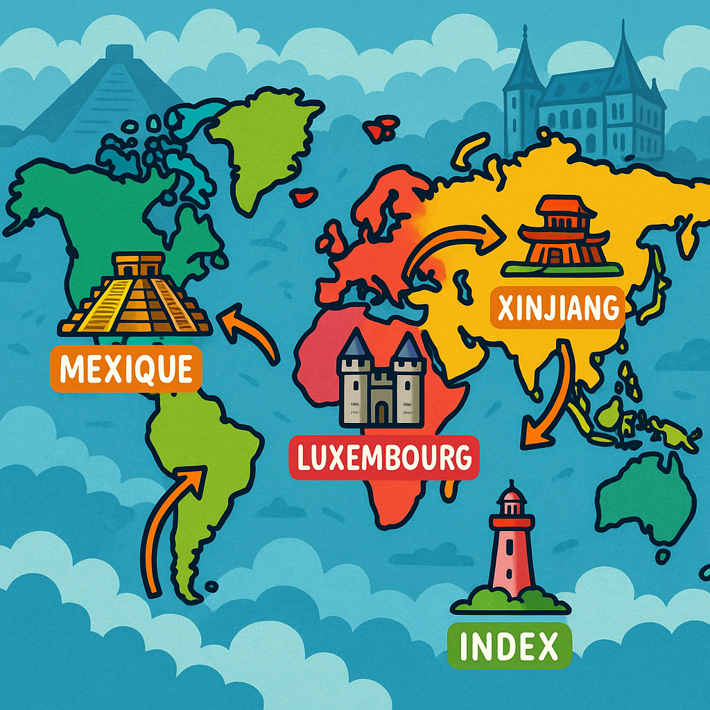 Carte du monde mettant en avant les pays avec la lettre X, mettant en avant le Mexique et le Luxembourg.