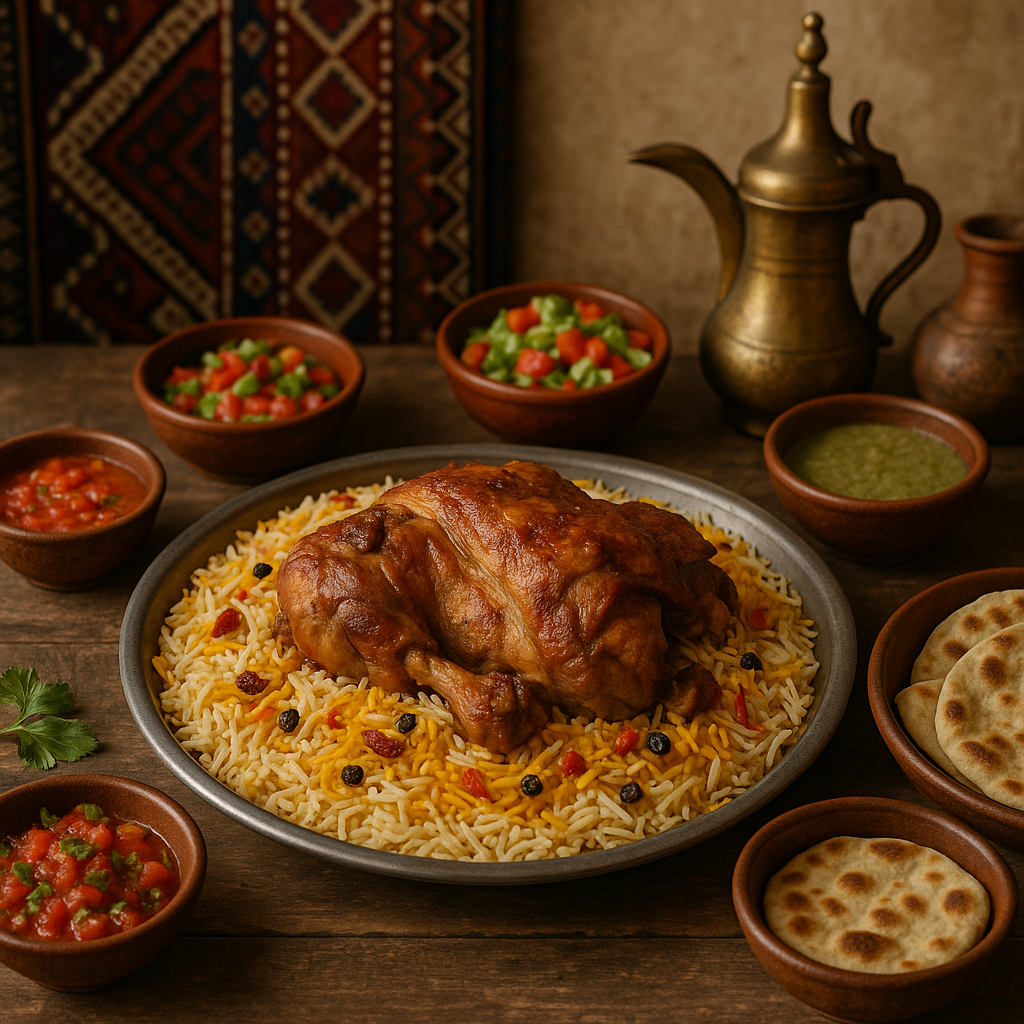 Plat traditionnel yéménite de Mandi avec des épices, viande et accompagnements.