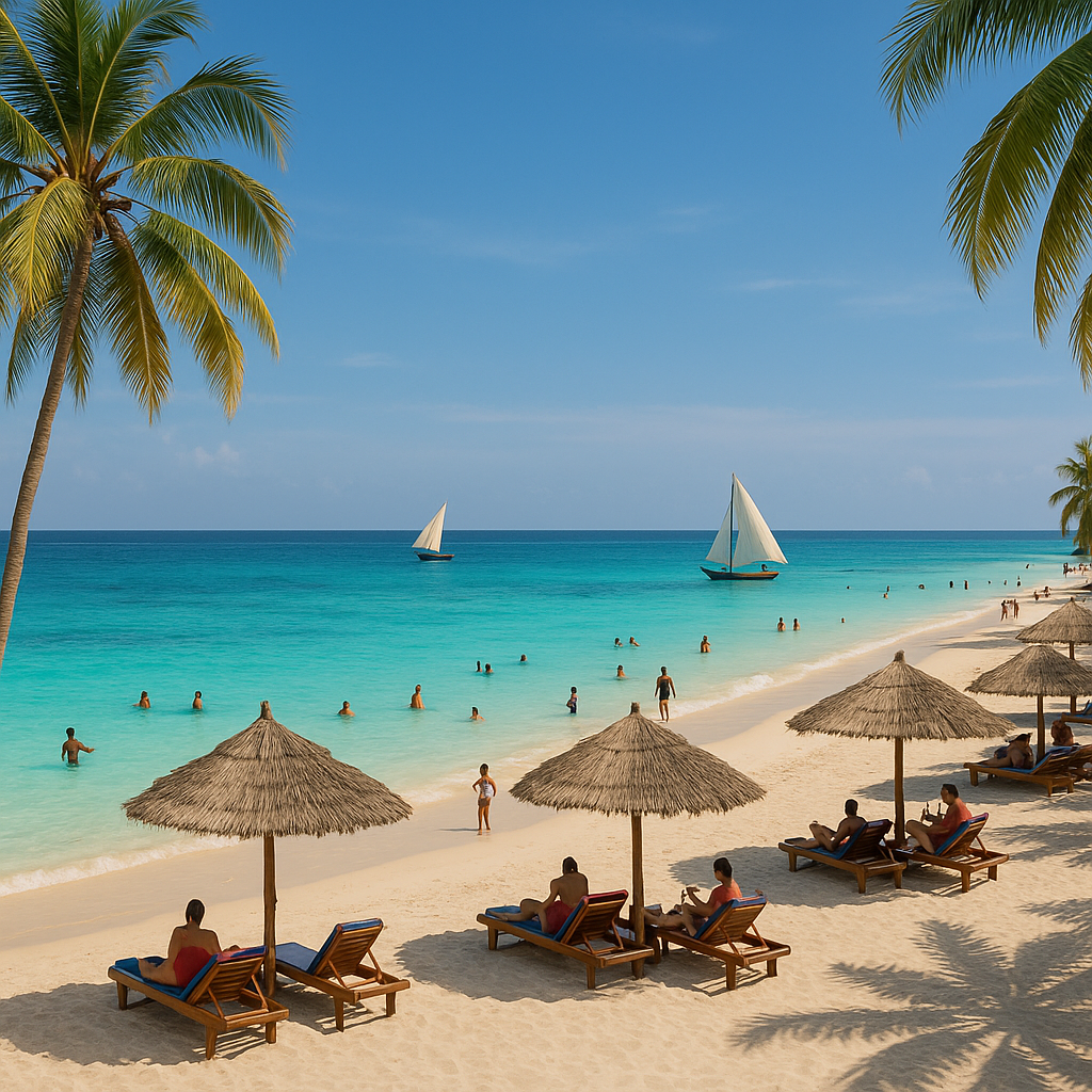 Une plage animée de Nungwi à Zanzibar avec des baigneurs, voiliers et palmiers, représentant une escapade estivale relaxante.