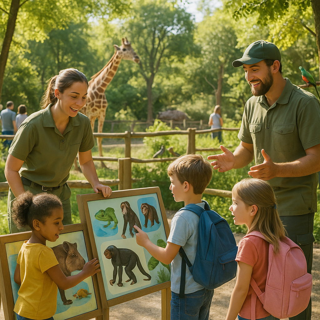Enfants interagissant dans une zone éducative au Zoo de Lunaret, avec des soigneurs et des animaux en arrière-plan.